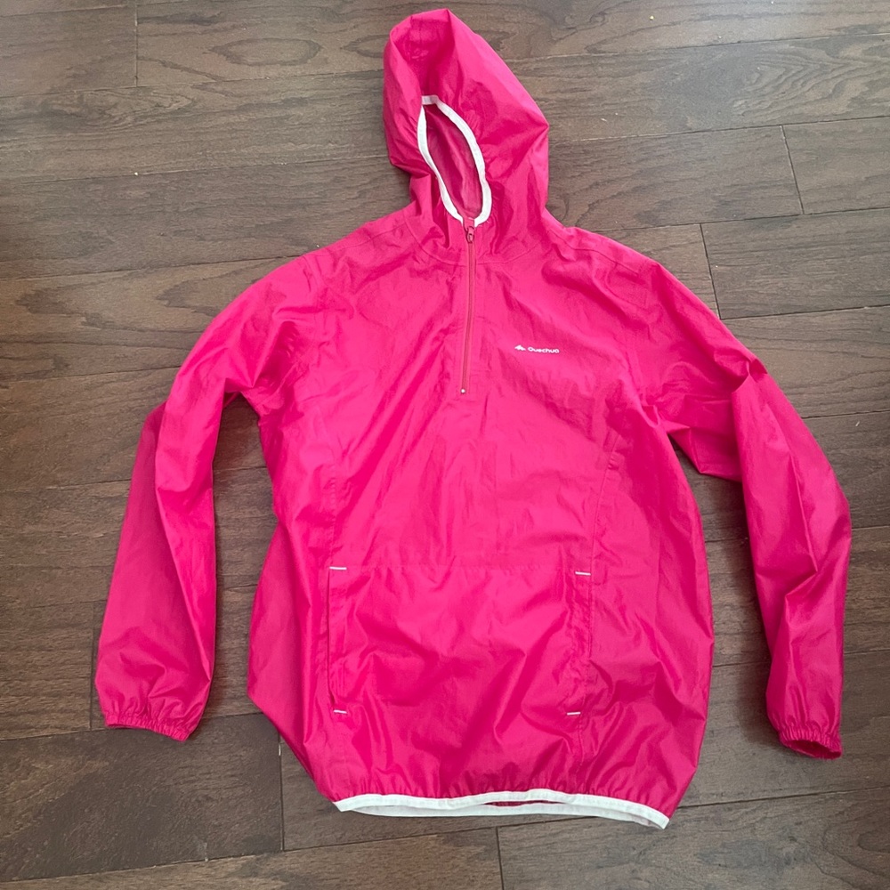 Decathlon Quechua Pink Rain hooded 1/4 zip Jacket Windbreaker Size 12-14 years